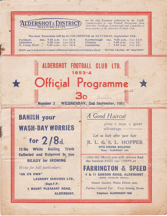 <b>Wednesday, September 2, 1953</b><br />vs. Aldershot (Away)